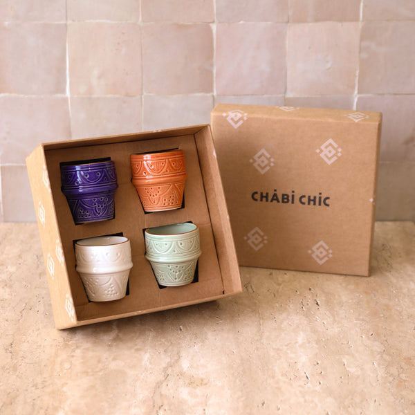 Coffret cadeau 4 petites tasses à café empreinte marsala, bleu majorelle, blanc et mint gold (9669604081983)