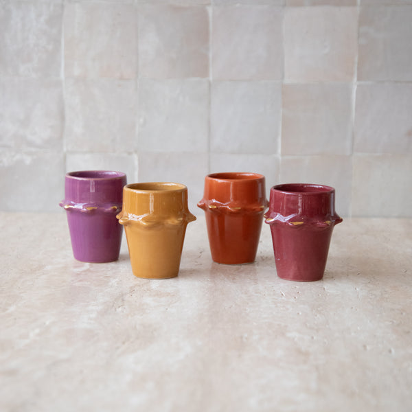 4 MOYENNES TASSES AUBERGINE + CURRY + LILAS + TERRE TAZZA GOLD